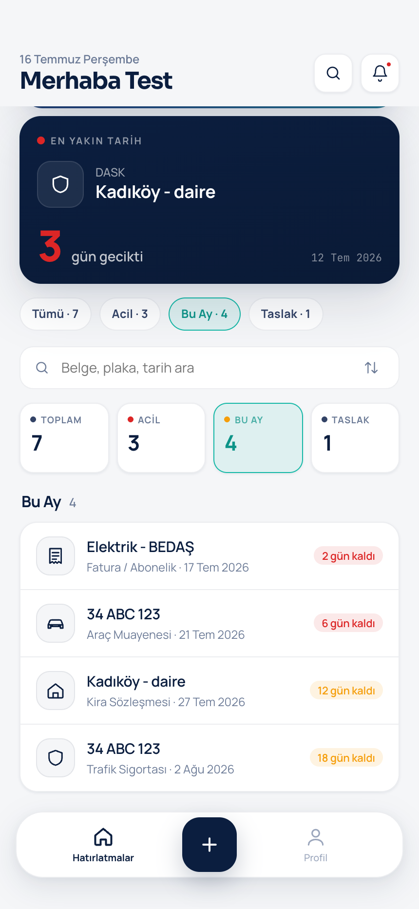 Kayıt listesi ekranı