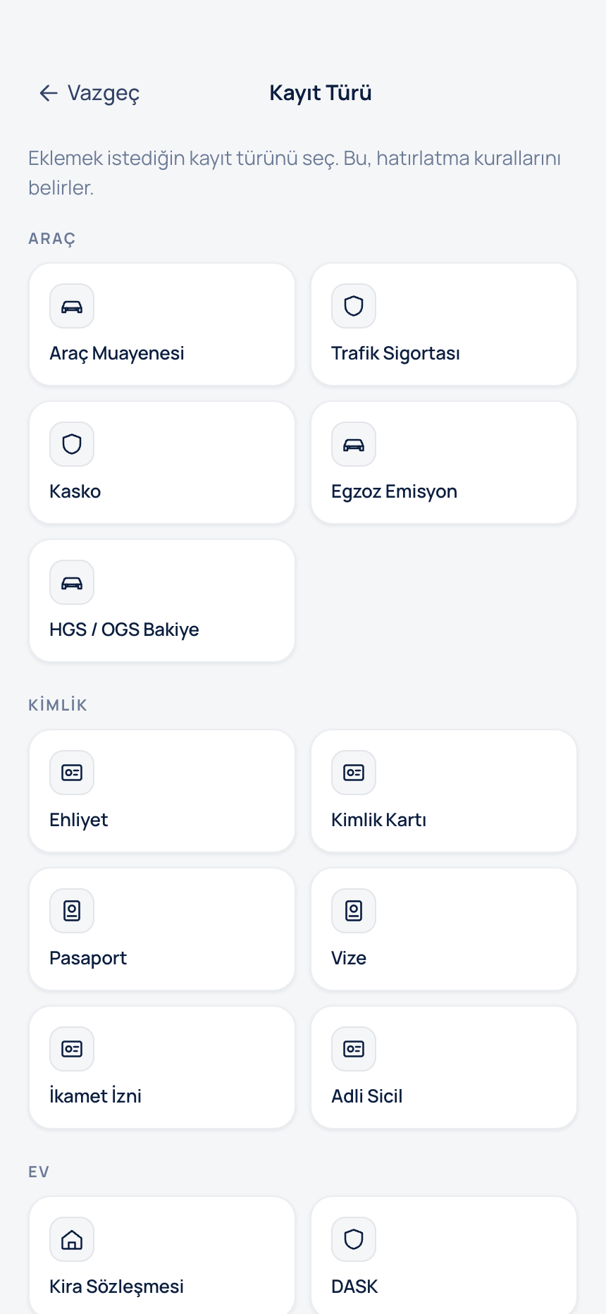 Kategoriler ekranı