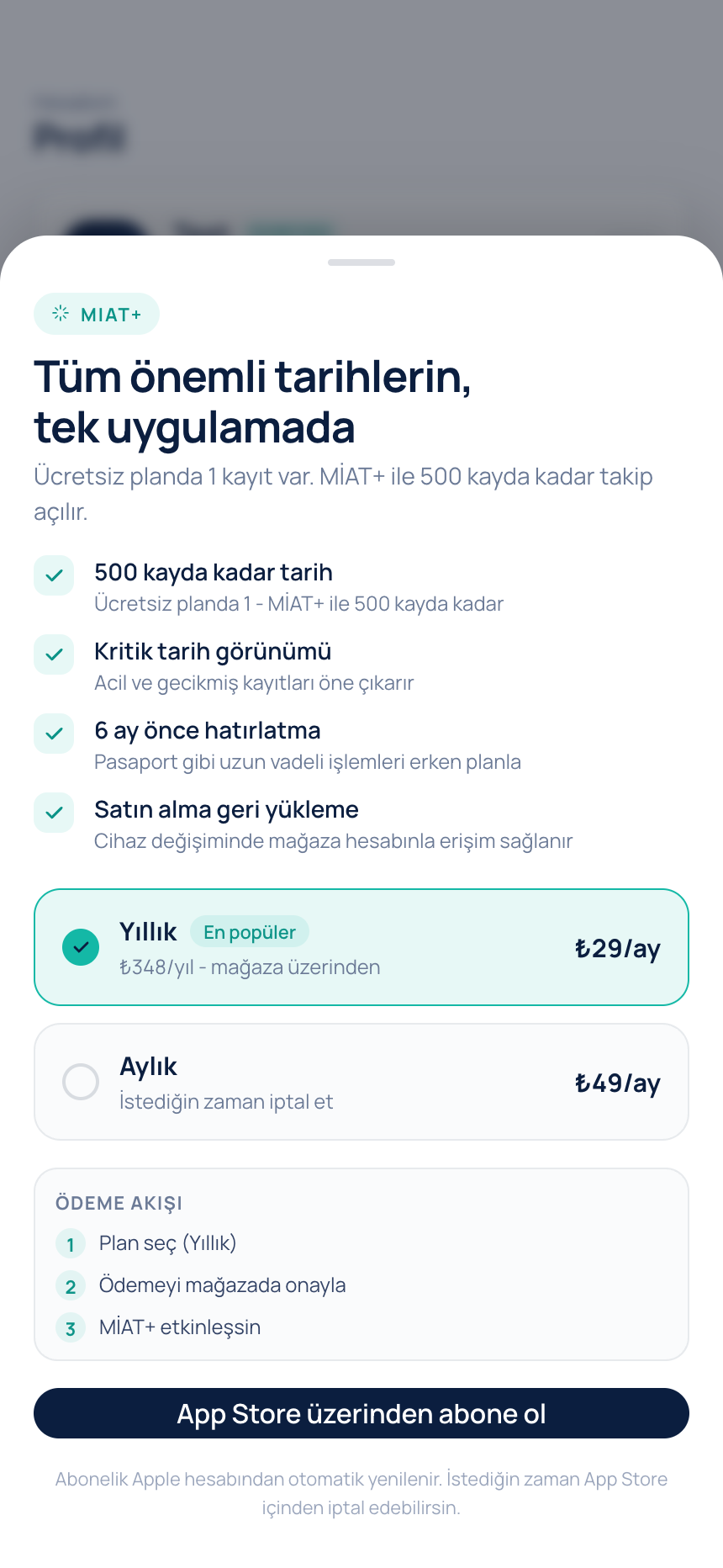 MİAT+ ekranı