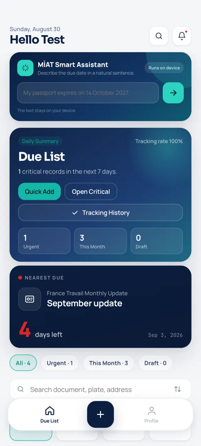MİAT home screen - important dates and smart assistant