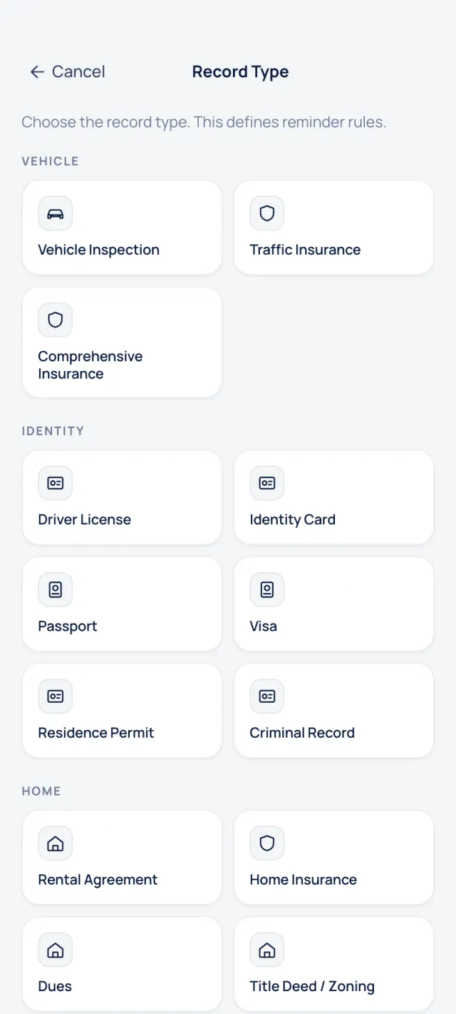 Categories screen