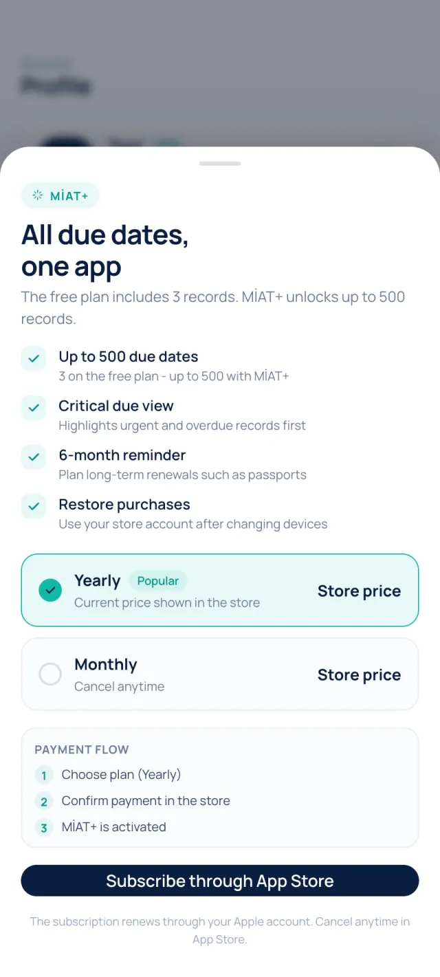 MİAT+ screen - current price in the app store