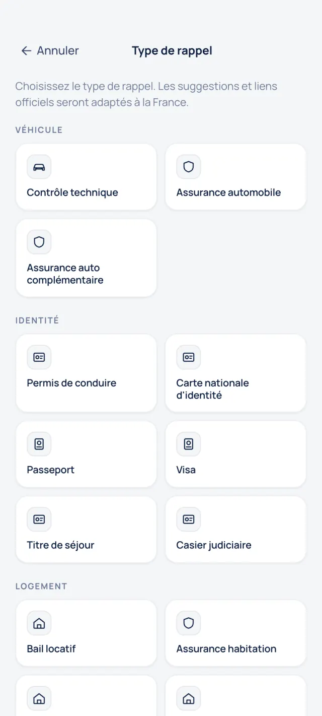 Écran des catégories